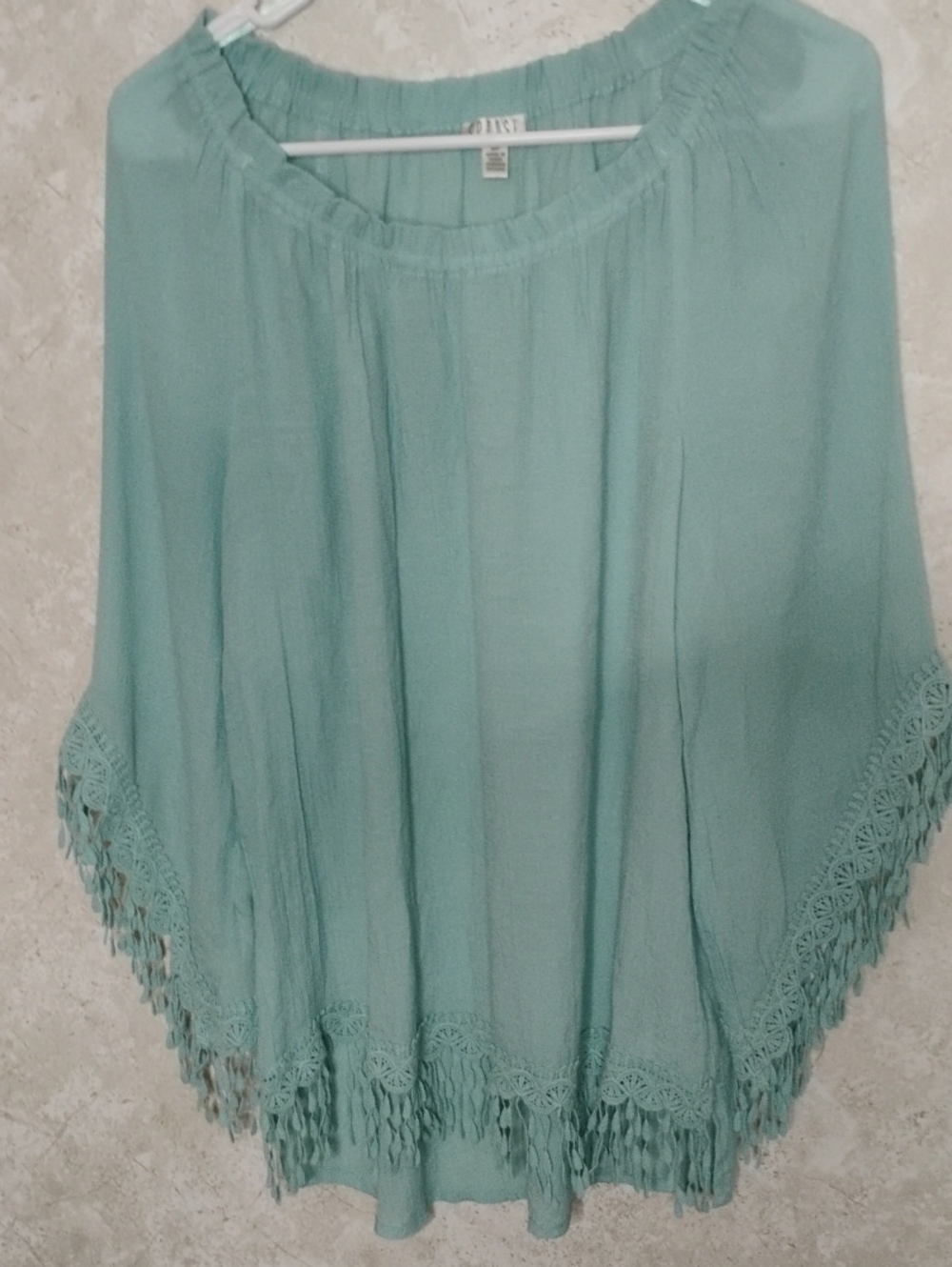 Spense Light Teal Fringe-Hem Peasant Tunic,Boho, Bohemian/ SM Petite